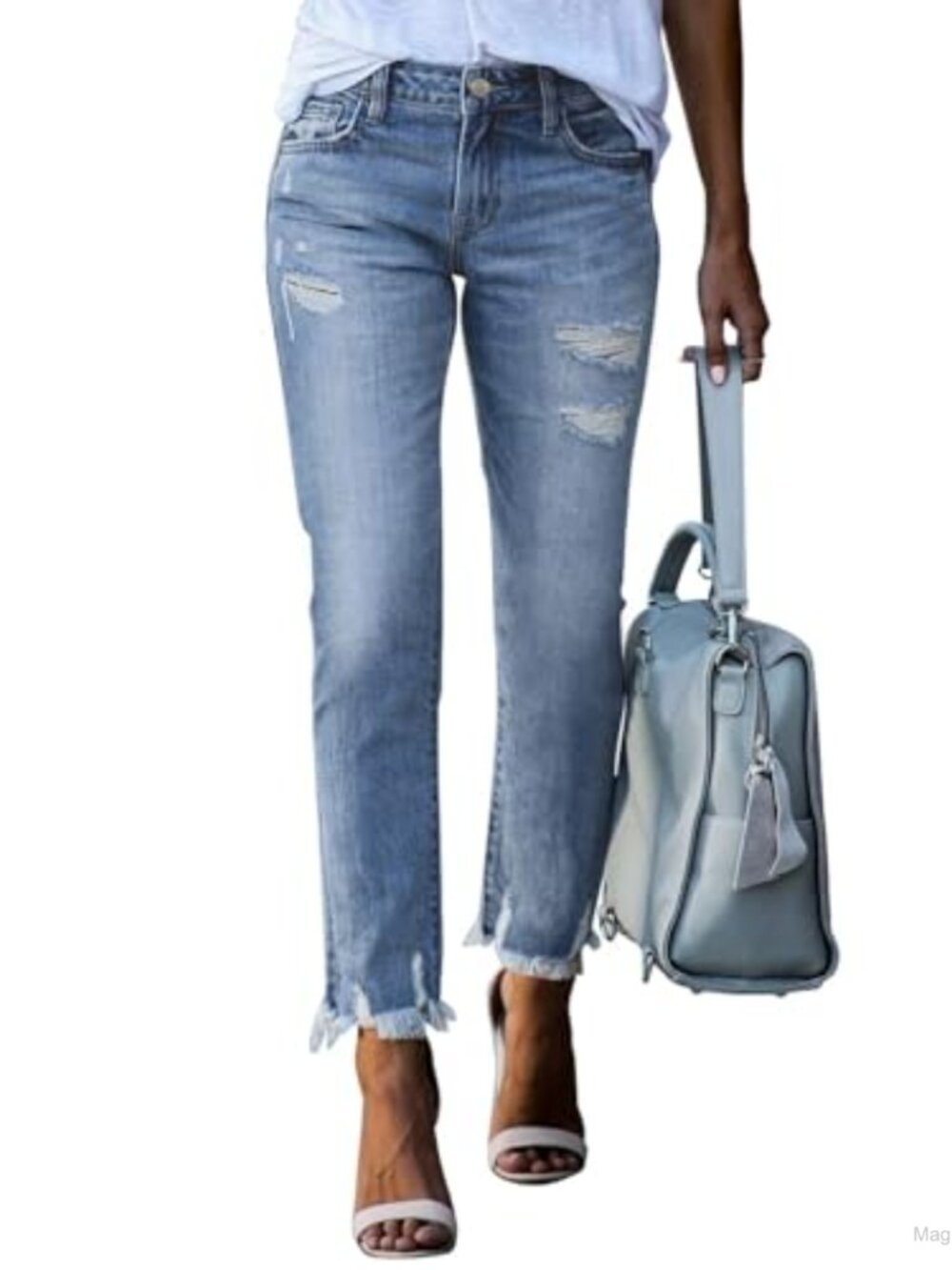 High Waisted Tummy Control Straight Ankle Ripped Jeans Stretch Denim